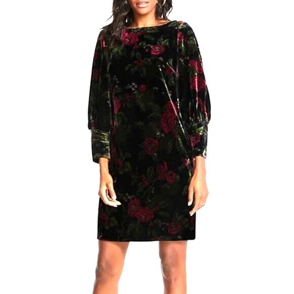 Ann Taylor Dark Floral Velvet Shift Mini Dress with Long Cuffed Sleeves, Size 2P - Picture 1 of 10